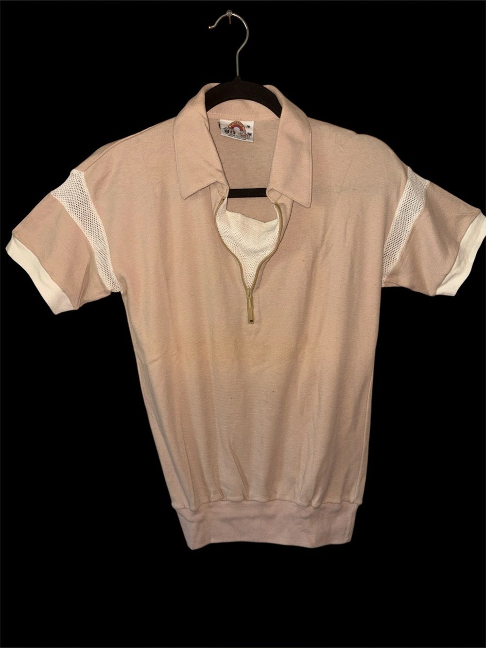 Vintage Saturdays Peach Zip Polo with White Mesh Accents mid century medium